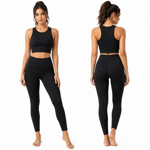 Ensemble de yoga 2 pièces pour femme, noir uni, legging taille haute, crop top dos nageur à col rond, longueur intégrale, côtelé, en Spandex et Polyester - Product Image 2