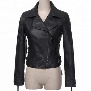 Veste de moto en cuir de vache pour femme, coupe-vent, manches longues, col rabattable, fermeture éclair, couleur unie, longueur normale, style hiver - Product Image 4