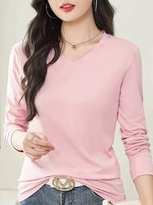 Lightweight breathable fabric featuring a classic v neck elegant solid color ladies seasonal tshirt crafted - Product Image 3
