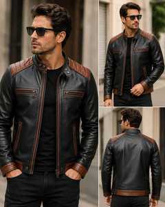 Chaqueta de Motociclista de Cuero Genuino Negro para Hombre, Cuello Alto, Cierre de Cremallera, Estilo Biker, con Bloques de Color - Product Image 5