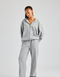 Women Gray Full <b>Zip</b> <b>Hooded</b> Tracksuit Set Solid Color Casual Loose Fit Side Pockets Autumn Wear 100% Cotton Midweight - Product Image 2