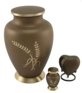 Urne funéraire en laiton motif blé pour cendres humaines adultes avec jetons souvenir en forme de cœur, ensemble décoratif commémoratif - Product Image 3