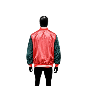 Chaqueta Varsity Personalizada en Rojo Coral y Verde Azulado Oscuro, Chaqueta Bomber de Béisbol Brillante Premium con Mangas en Contraste con Rayas Rojas y Blancas - Product Image 2