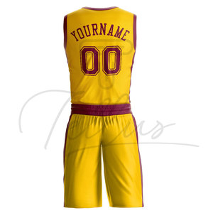 Uniforme de Baloncesto Sublimado Personalizado Amarillo y Granate con Nombre del Equipo 00, Pantalones Cortos de Malla Transpirable, Unisex, para Adultos, Todas las Temporadas - Product Image 3