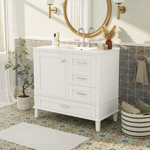 36-Inch Modern White Bathroom Vanity Storage <b>Cabinet</b> Solid <b>Pine</b> Frame with 1 Soft-Close Door and 3 Drawers Series W - Product Image 4