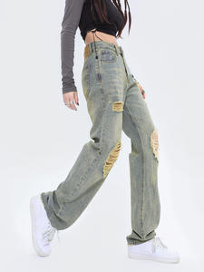 Jean baggy vintage style américain pour femme, taille haute, coupe large, en denim, vêtement décontracté pour femme avec logo à la taille - Product Image 3