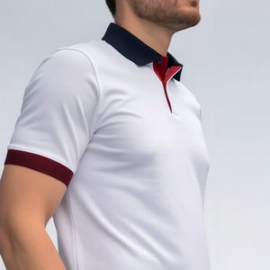 Polo Blanco de Manga Corta para Hombre con Ribete Verde Oscuro y Rojo, Algodón Oxford Transpirable, Cierre de Botones, Corte Regular - Product Image 2
