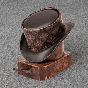 Unique Brown & Black handmade leather Top <b>Hat</b> with Skull Motif Goth Steampunk Fashion Fashion Designs Party Leather Cow Boy <b>Hats</b> - Product Image 1