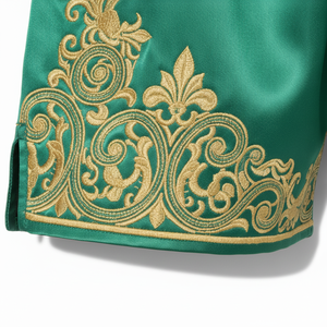 Shorts de boxe en soie verte avec broderie dorée, coupe classique, vêtements d'arts martiaux pour hommes, taille adulte, design brodé à la main - Product Image 2