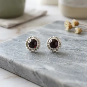 Bohemian 925 Silver Natural <b>Garnet</b> Stud <b>Earrings</b> Flower Shape Bezel Setting Women's Everyday Wear Jewelry - Product Image 3