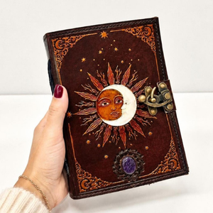 Sun Moon Gemstone Journal | Personalized Vintage <b>Diary</b> | Brass C-<b>Lock</b> Closure 220 Page Handmade Leather Real Touch Halloween - Product Image 1
