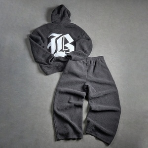 Custom Heavyweight Woolen Embroidered Logo All Zipper Hoodie And Pant Custom Oversized Satin Lining Boxy <b>Fit</b> Hoodie Set - Product Image 3