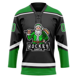 Camiseta de Hockey sobre Hielo Personalizada Hockey Santa, Verde y Negra, Cuello en V, Impresión Sublimada, Unisex para Adultos, Manga Tres Cuartos, Malla de Poliéster - Product Image 2