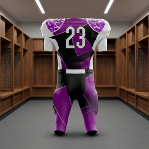 Ensemble d'uniformes de football américain entièrement personnalisables, imprimés par sublimation, géométriques, violets et noirs. - Product Image 6