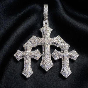 Triple <b>Cross</b> <b>Pendant</b> 925 <b>Sterling</b> <b>Silver</b> Lab Grown Diamond Fully Iced Out Hip Hop Statement Jewelry - Product Image 3