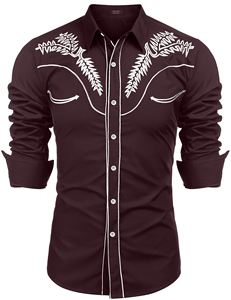 Camisa vaquera bordada para hombre, color borgoña, con ribete de flecha en el puño, corte ajustado, manga larga, cierre de broches de perla - Product Image 3