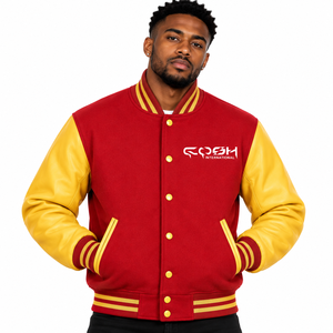 Chaqueta Varsity para Hombre con Bloques de Color, Mangas de Cuero, Botones a Presión, Estilo Béisbol, Logotipo Frontal, Chaqueta Clásica Letterman con Cuello Alto - Product Image 1