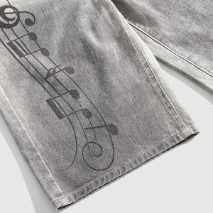 กางเกงยีนส์ขาสั้นสีเทาแบบวินเทจสไตล์เรโทรสำหรับผู้หญิง ทรงเอวกลาง พิมพ์ลายโน้ตดนตรี ยี่ห้อ Up Felt Custom - Product Image 4