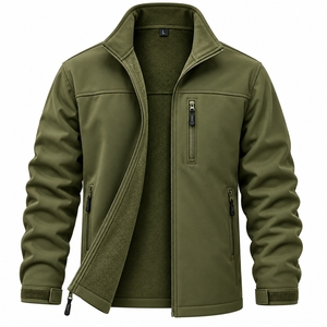 Men's Olive Green Fleece <b>Jacket</b> Stand Collar Zipper Casual Windproof Outdoor Warm <b>Jacket</b> Regular Fit Autumn Wear - Product Image 1