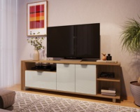 Meuble TV de style moderne CARMENERE 3 portes en bois pour salon, en panneaux de particules, finition Naturelle/Cristalo, design brésilien haut de gamme
