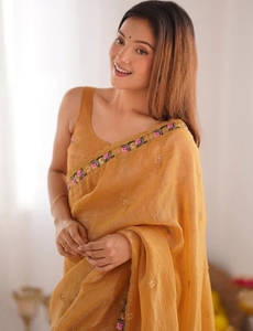 KV Women's Embroidered Embellished Reversible Viscose Silk Autumn Bollywood Tissue <b>Saree</b> with Unstitched Blouse (<b>Yellow</b>) - Product Image 1