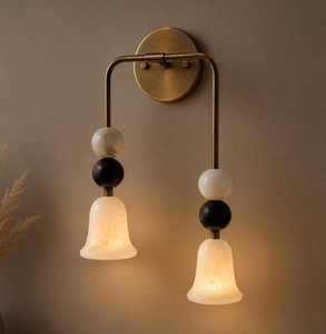 Double Alabaster Wall Sconce, Brass Twin Wall Light, Natural Stone Shades, Modern Bedroom Bathroom Vanity Lighting - Product Image 3