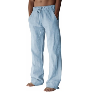 Pantalon large en lin bleu clair pour homme, taille élastique avec cordon de serrage, décontracté, respirant, pour l'été, avec poches latérales - Product Image 1