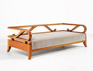 Sofá Cama de Madera de Teca con Reposabrazos en Espiral Esculpido, Estilo Art Nouveau, con Patas Curvas Tipo Sable - Product Image 1