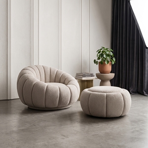 Ensemble fauteuil et ottoman de luxe en bouclette ivoire avec design à cannelures arrondies pour salon - Product Image 5