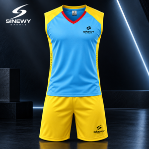 Ensemble de maillots de volley-ball SINEWY bleu et jaune sans manches, col en V, polyester respirant, vêtements unisexes pour adultes - Product Image 2