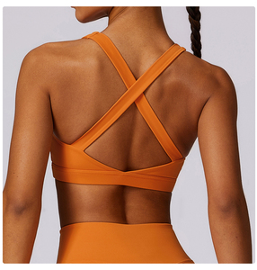 Soutien-gorge de sport orange sans coutures pour femme, col ras du cou, dos nageur, maintien élevé, respirant, pour le yoga, couleur unie, en tissu extensible avec dentelle - Product Image 4