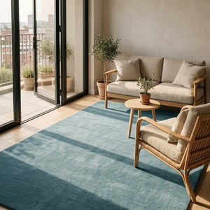 Tapis rustique en laine bleue tufté à la main, antidérapant, à motif géométrique, pour salon, chambre, salle à manger et décoration intérieure contemporaine - Product Image 5