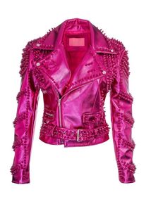 <b>Pink</b> Studded Leather Moto <b>Jacket</b> Men Slim Fit Turn-down Collar Zipper Closure Plus Size Autumn Fashion - Product Image 3