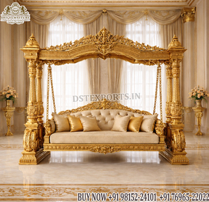 Columpio de Interior de Lujo con Estilo Indo-Occidental, Tallado a Mano, Clásico, Blanco y Dorado, de Madera de Teca, con Pilares Ornamentados, Reino Unido - Product Image 4