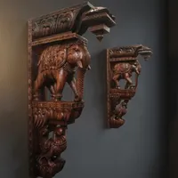 Étagère murale décorative en bambou et bois traditionnels, motif éléphant, style Art Déco, avec support décoratif à motifs paysagers, lot de 2 pour salon et maison
