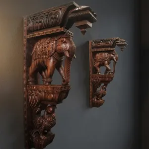 Traditional Bamboo & Wooden <b>Elephant</b> Wall Shelf Art Deco <b>Decorative</b> Bracket with Scenic Pattern 2pcs for Home Living Room - Product Image 1