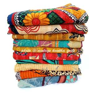 Handmade Indian Kantha <b>Quilt</b> Printed Cotton Bohemian Style All-Season Bedspread Home Decor Coverlet - Product Image 4