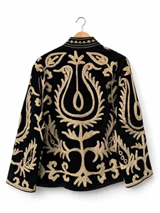<b>Women</b> Boho Black <b>Velvet</b> Suzani <b>Jacket</b> Floral Embroidered Full Sleeve Stand Collar Handmade Ethnic Style Winter Outerwear - Product Image 5