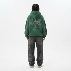 Custom <b>Green</b> Hoodie Black Distressed Jogger Set Rhinestone Embellished Cotton <b>Fleece</b> Streetwear Tracksuit OEM - Product Image 2