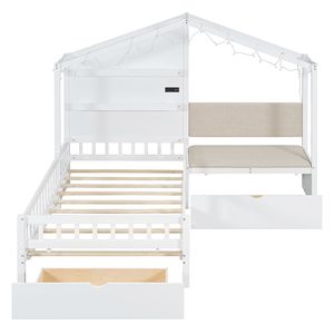 Letto singolo bianco per bambini con divano imbottito, stazione di ricarica wireless, ripiani e due cassetti - Design a casetta - Product Image 4