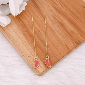 Minimalist Brass Gold Plated Thulite Moon <b>Threader</b> <b>Earrings</b> Trendy Gemstone Jewelry for Women - Product Image 4