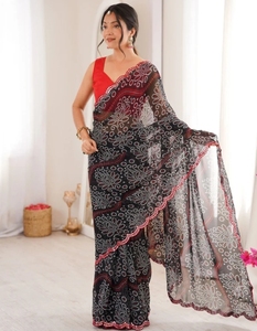 Sari de Georgette KV para Mujer con Estampado Floral y Bordado Bandhani (Negro), Sin Arrugas, Reversible, para Bodas de Otoño - Product Image 5