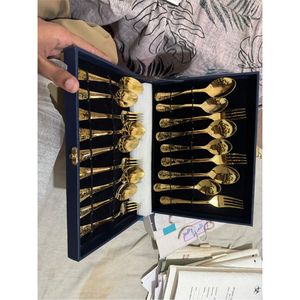 Ensemble de couverts de luxe plaqué or, en acier inoxydable gaufré, idéal pour mariage, vaisselle haut de gamme, cuillère, fourchette, couteau - Product Image 1