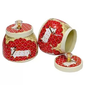 Pot décoratif en métal Pichwai avec plateau, ensemble de pots de rangement, art peint à la main, idéal pour un cadeau - Product Image 1