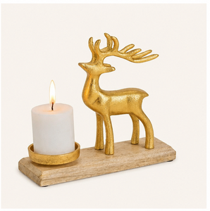 Porte-bougie en métal en forme de renne doré artisanal avec base en bois de manguier naturel, figurine de Noël élégante et vaisselle festive - Product Image 1