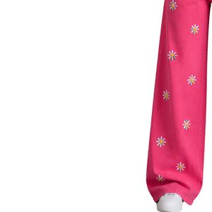 Vaqueros anchos de mujer de cintura alta con bordado floral rosa intenso, corte holgado, estilo casual urbano, personalizados. - Product Image 3