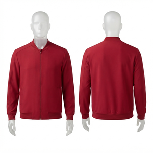 280 GSM Polyester Interlock Unisex Scrub <b>Jacket</b> <b>Hooded</b> Button Front Solid <b>Red</b> Custom Embroidery Print Embossed OEM Service - Product Image 1