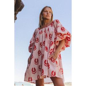 Vestido Casual de Verano Rosa Rojo con Estampado Floral Hecho a Mano, Manga Abullonada, Mini, de Algodón Tejido, Ecológico, Holgado, Corte A y Cuello en V - Product Image 5