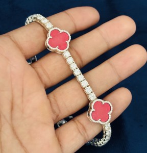 Pulsera de tenis de lujo de plata de ley 925 con trébol rosa y piedras de moissanita de corte brillante redondo, estilo hip hop, unisex - Product Image 2