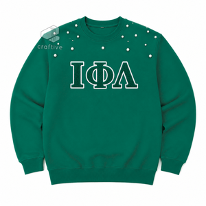 Sweat-shirt pour femme Iota Phi Lambda orné de perles, lettres grecques brodées, col rond, manches longues, pull décontracté pour sororité - Product Image 1
